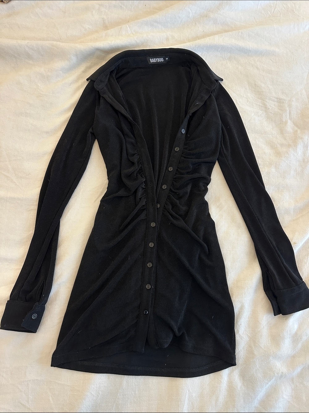 Babydoll Black Long-Sleeve Ruched Button Dress